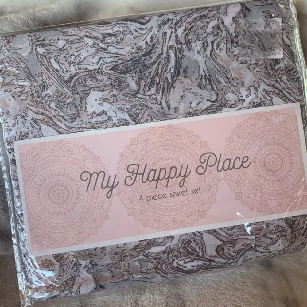 Marble pink blush grey white sheet set full queen